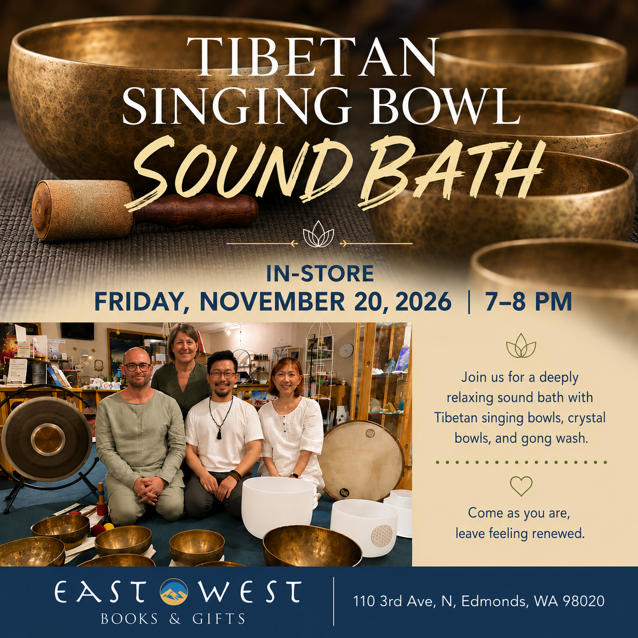 Tibetan Singing Bowl Sound Bath in Store - November 20, Friday 2026 7-8 pm