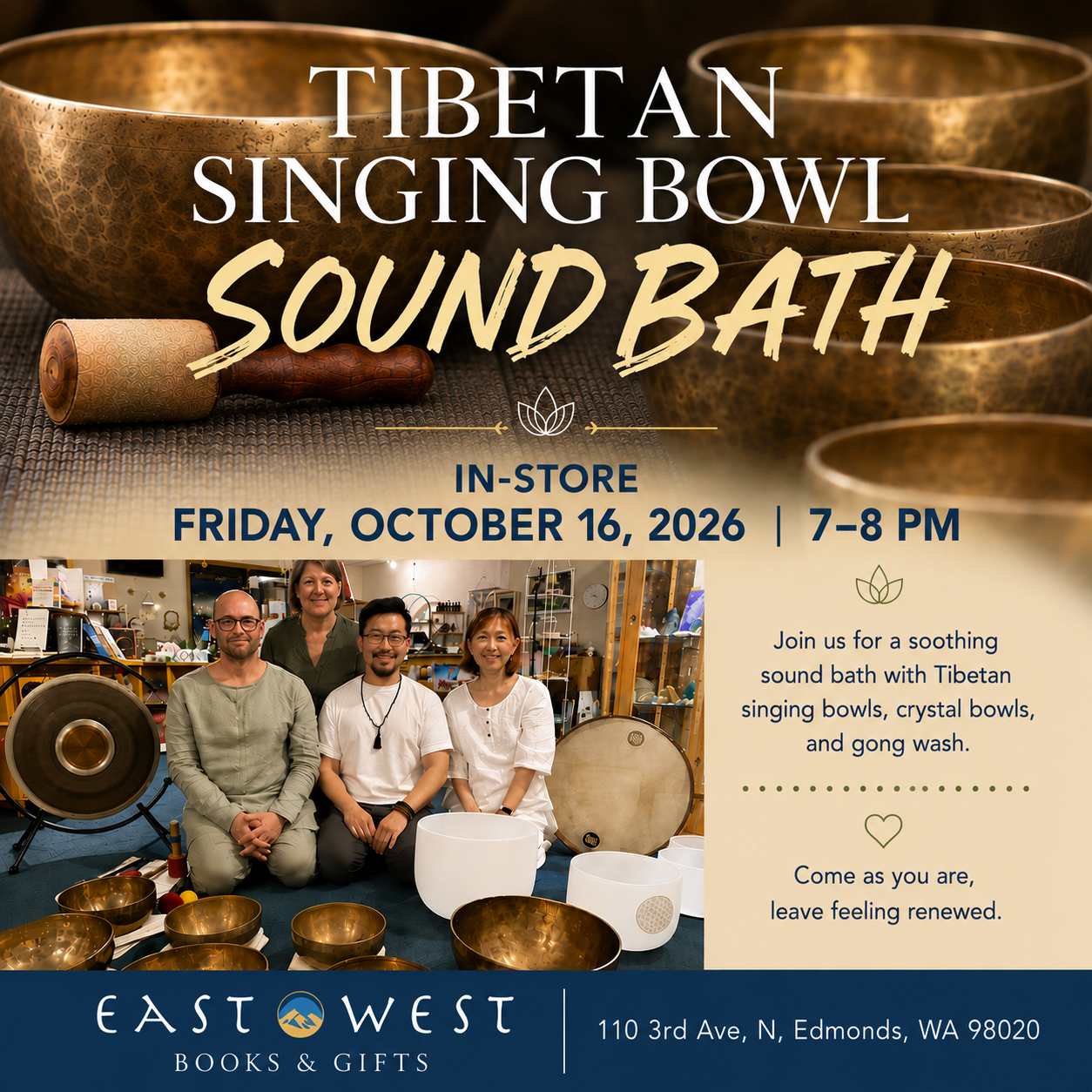 Tibetan Singing Bowl Sound Bath in Store - October 16, Friday 2026 7-8 pm